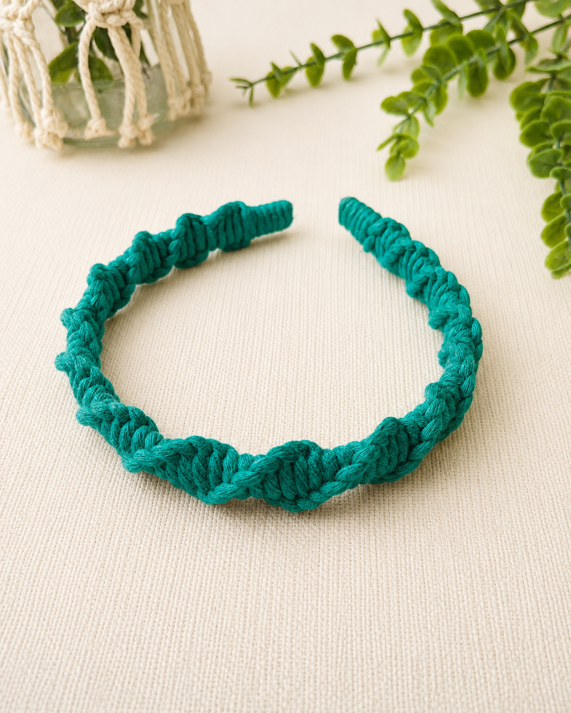 Green handmade spiral macrame headband
