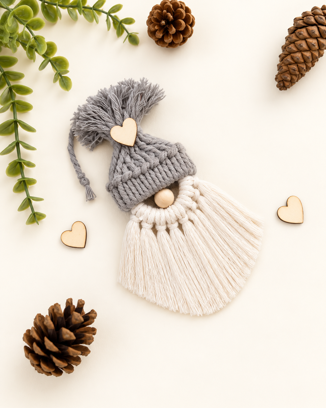 Handmade grey macrame gnome Christmas ornament