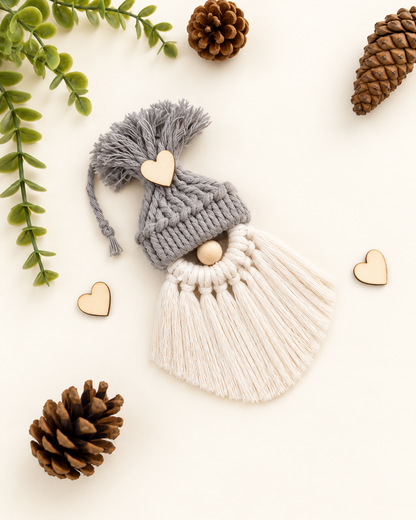 Handmade grey macrame gnome Christmas ornament