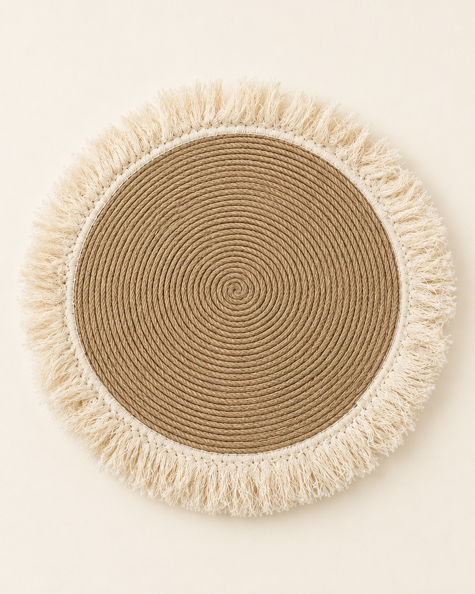 Handmade 40 cm jute wall decor with off-white cotton fringe