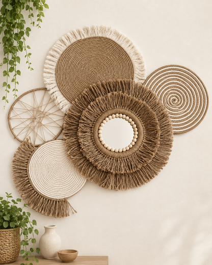 Handmade five-piece jute and cotton wall decor set with fringed mirror and woven circles