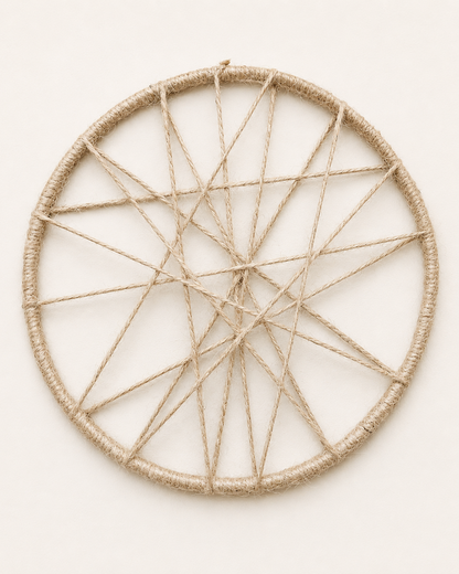 Handmade jute woven open circle wall decor with abstract web design