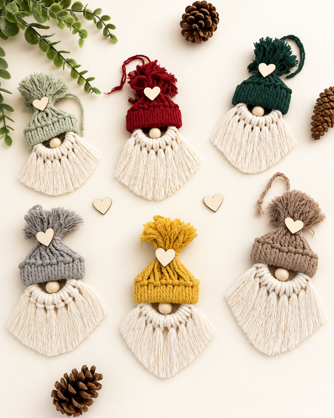 Handmade macrame gnome Christmas ornaments in six festive colours