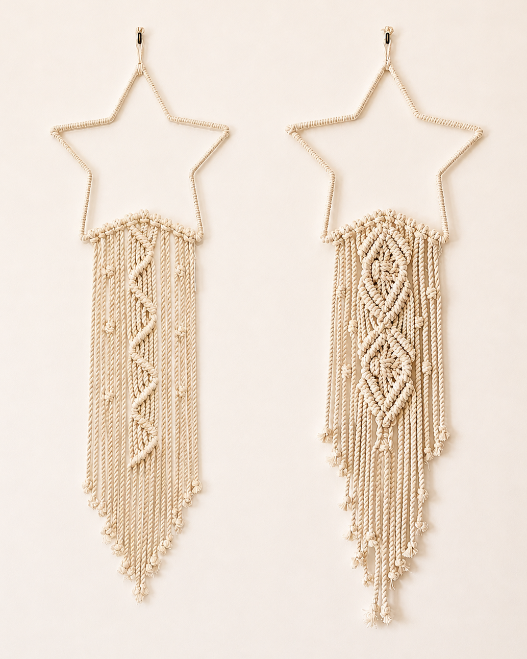 Handmade macrame star wall hanging in Zigzag and Diamond styles, natural off-white cotton