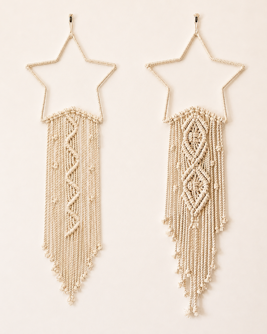 Handmade macrame star wall hanging in Zigzag and Diamond styles, natural off-white cotton