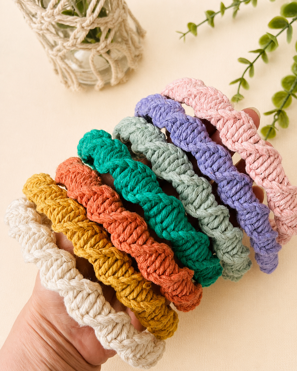 Handmade spiral macrame headbands available in multiple colours