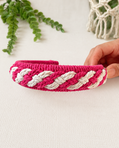 Handmade hot pink and off-white braided macrame headband