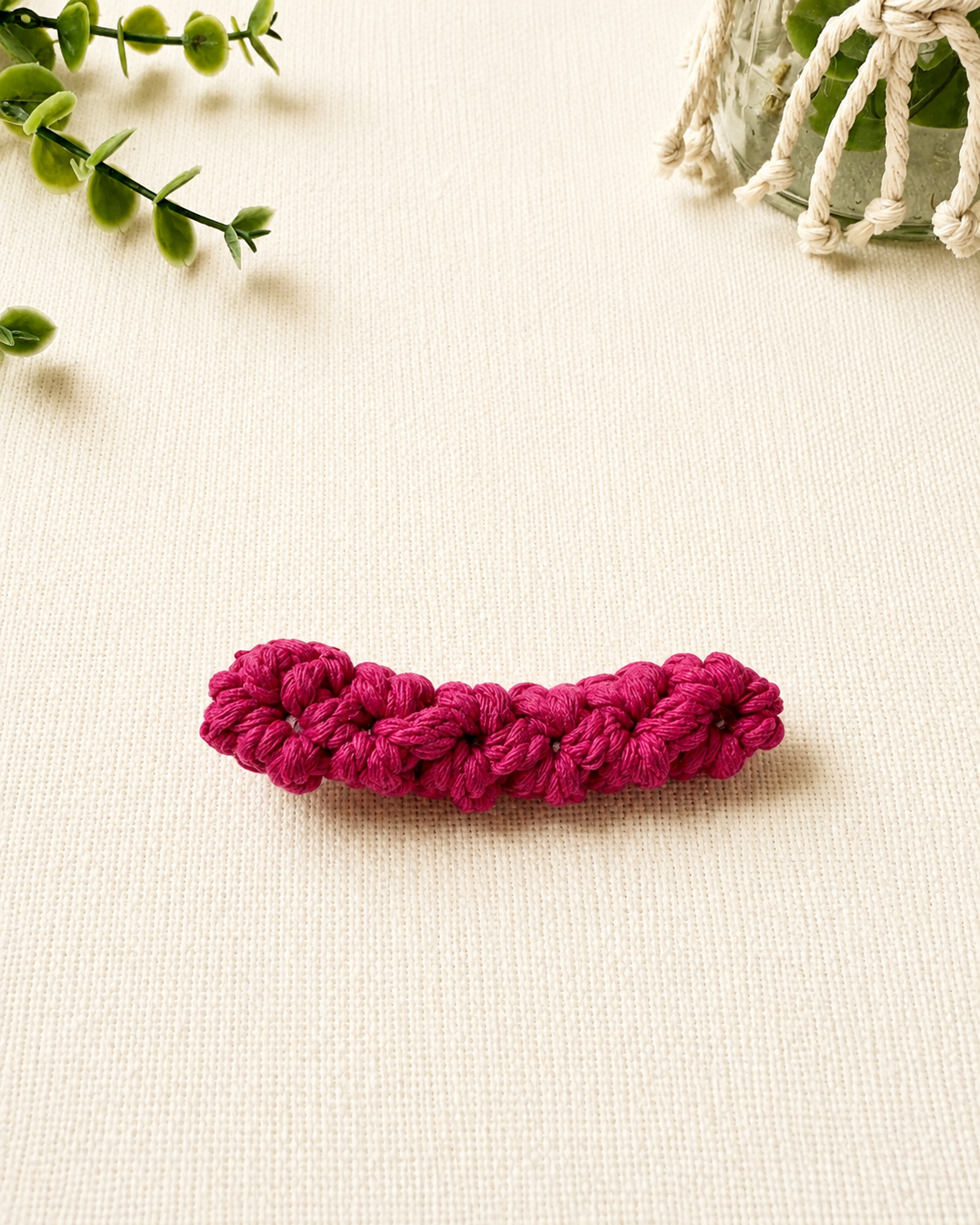 Hot pink handmade macrame cotton hair clip.