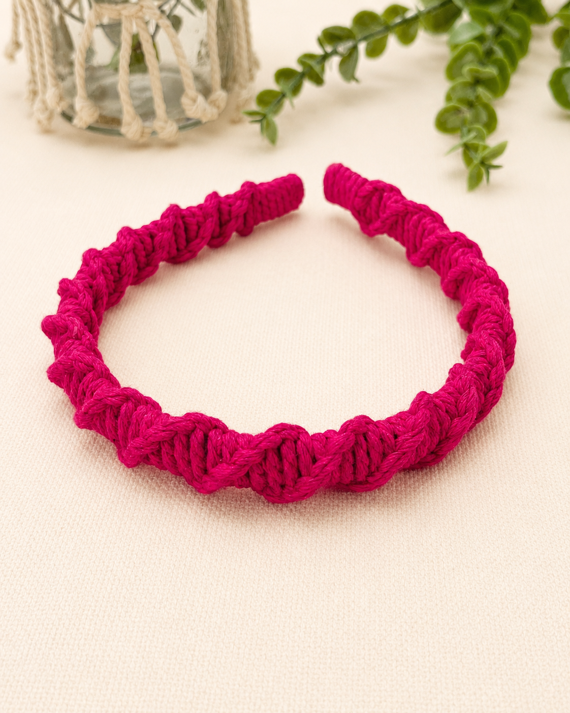 Hot pink handmade spiral macrame headband