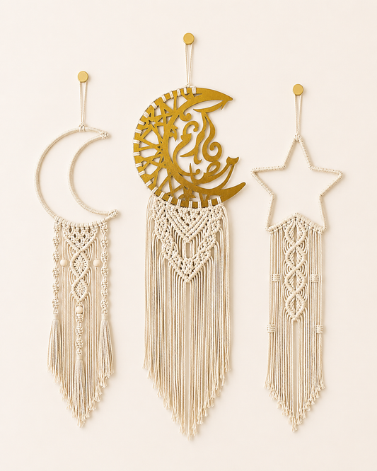 Handmade Islamic macrame wall hanging set featuring a crescent moon, Ramadan Kareem crescent and star wall decor.