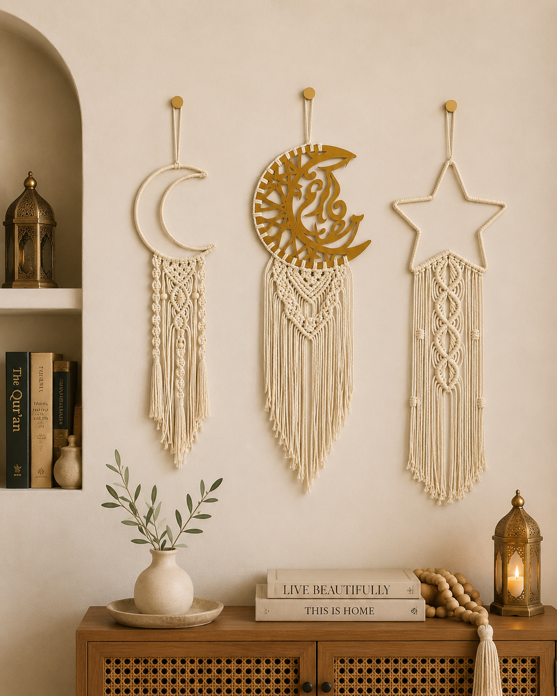 Islamic macrame wall hanging set displayed in a modern boho home with crescent moon, Ramadan Kareem and star decor.