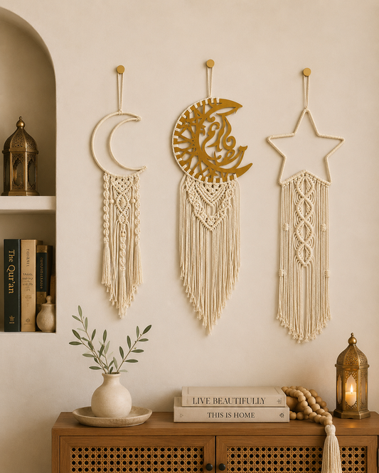 Islamic macrame wall hanging set displayed in a modern boho home with crescent moon, Ramadan Kareem and star decor.