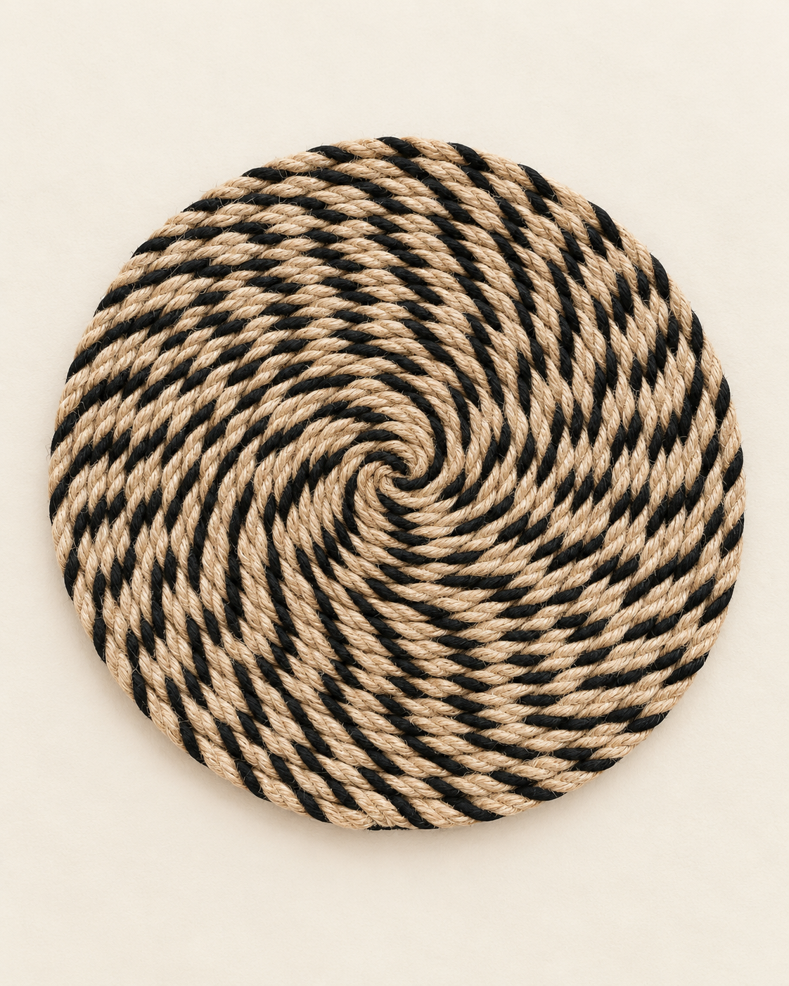 Handmade natural jute and black spiral wall hanging