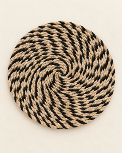 Handmade natural jute and black spiral wall hanging