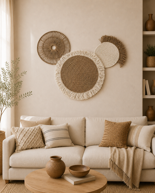Jute and cotton wall decor set styled above a neutral living room sofa