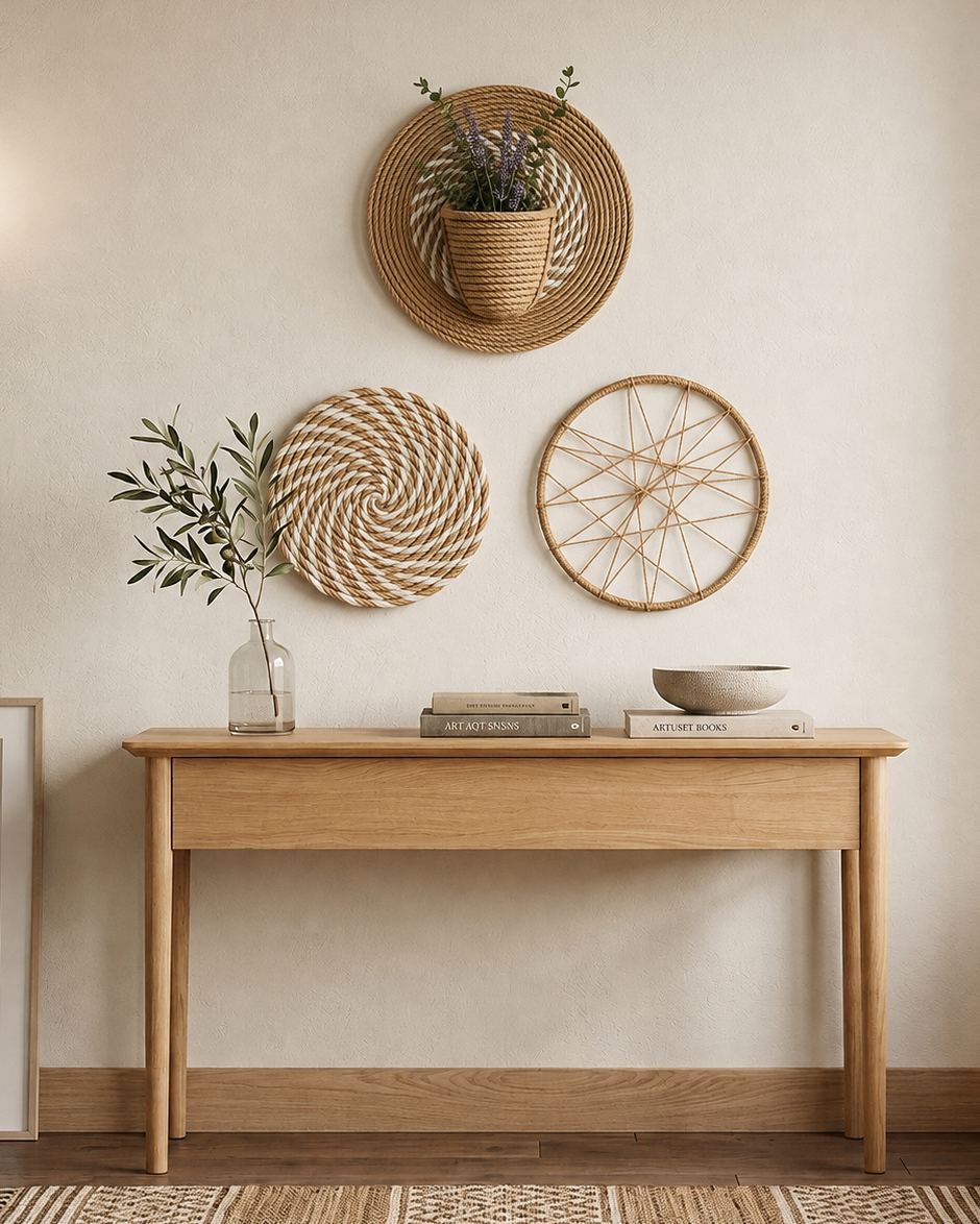 Handmade jute and cotton wall decor set with plant pocket, spiral circle and woven jute ring styled above a wooden console table