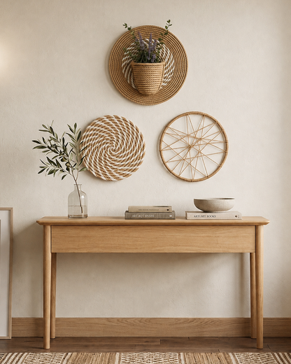 Handmade jute and cotton wall decor set with plant pocket, spiral circle and woven jute ring styled above a wooden console table