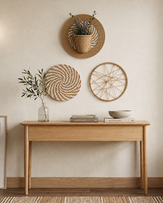 Handmade jute and cotton wall decor set with plant pocket, spiral circle and woven jute ring styled above a wooden console table