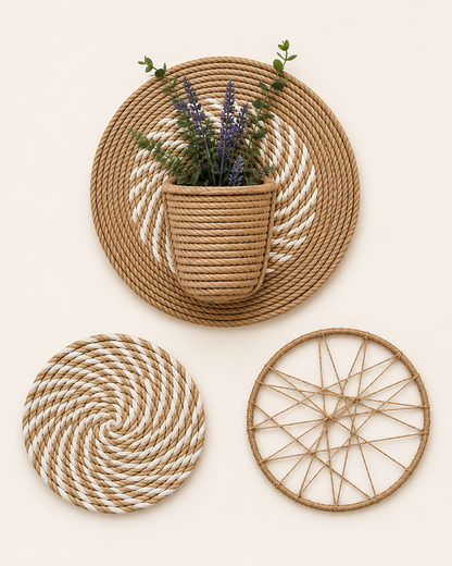 Handmade jute and cotton wall decor set of 3 with plant pocket, spiral circle and woven jute ring