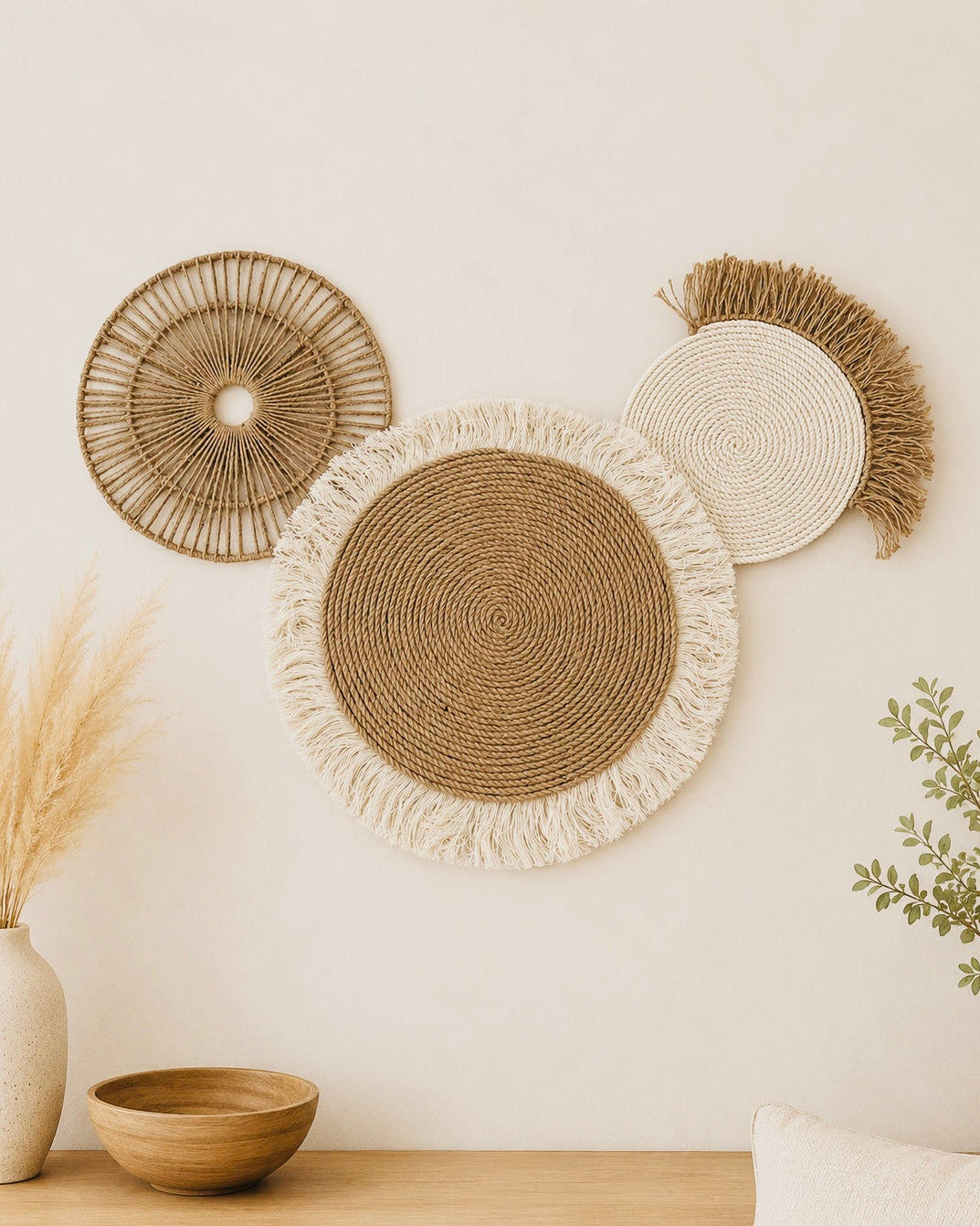 Handmade jute and cotton wall decor set styled on a neutral wall