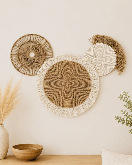Handmade jute and cotton wall decor set styled on a neutral wall