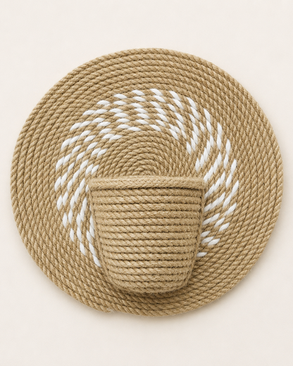 Handmade jute and cotton round wall decor with woven plant pocket