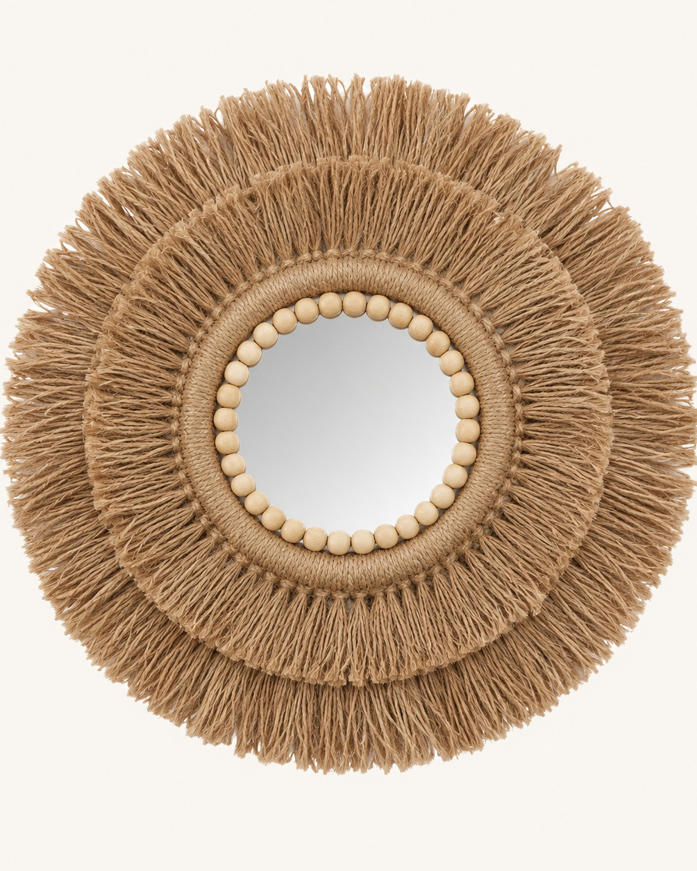 Handmade 40 cm jute fringe wall mirror with natural wooden bead detail