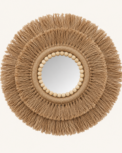 Handmade 40 cm jute fringe wall mirror with natural wooden bead detail