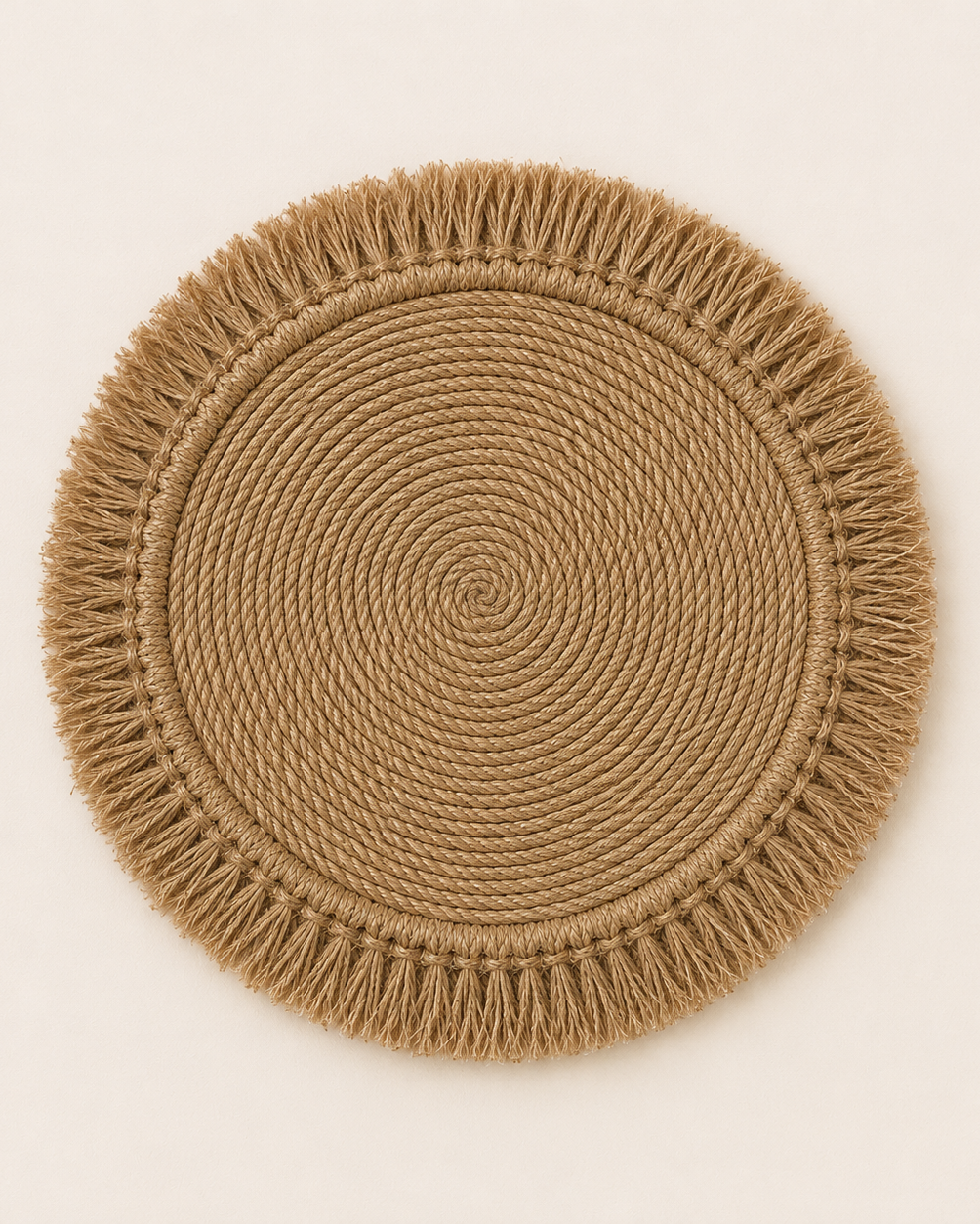 Handmade 40cm jute spiral round wall hanging with natural fringe