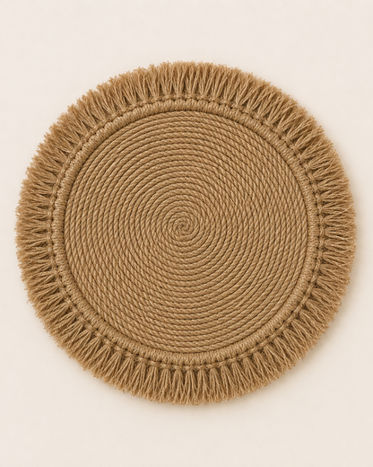 Handmade 40cm jute spiral round wall hanging with natural fringe