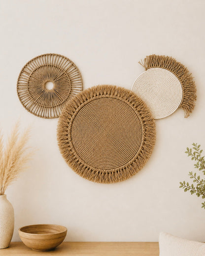 Handmade jute and macrame round wall decor set with three natural fibre wall hangings