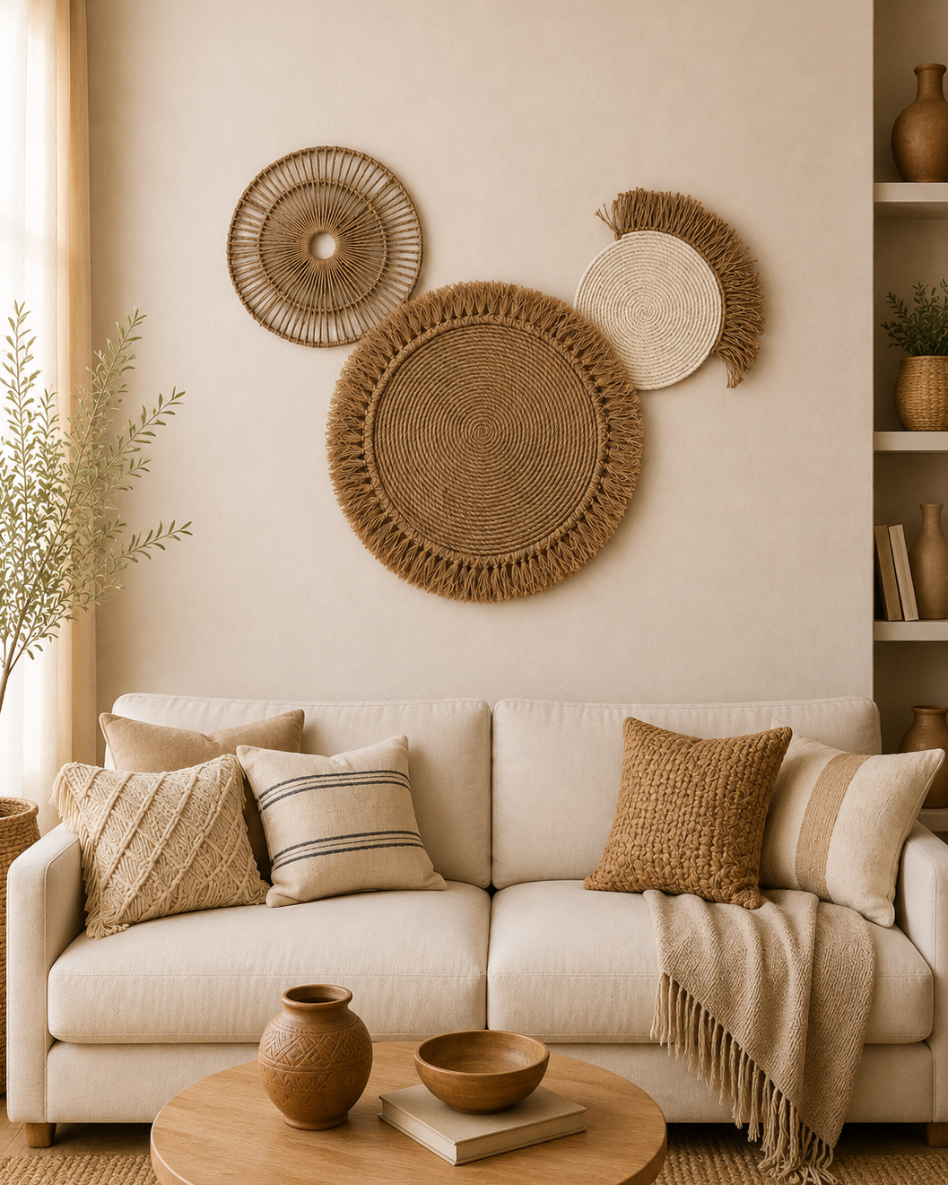 Jute and macrame round wall decor set styled above a neutral living room sofa