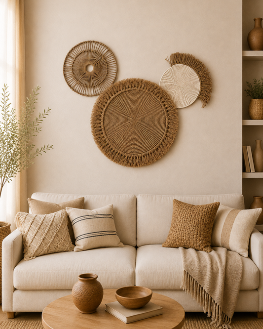 Jute and macrame round wall decor set styled above a neutral living room sofa