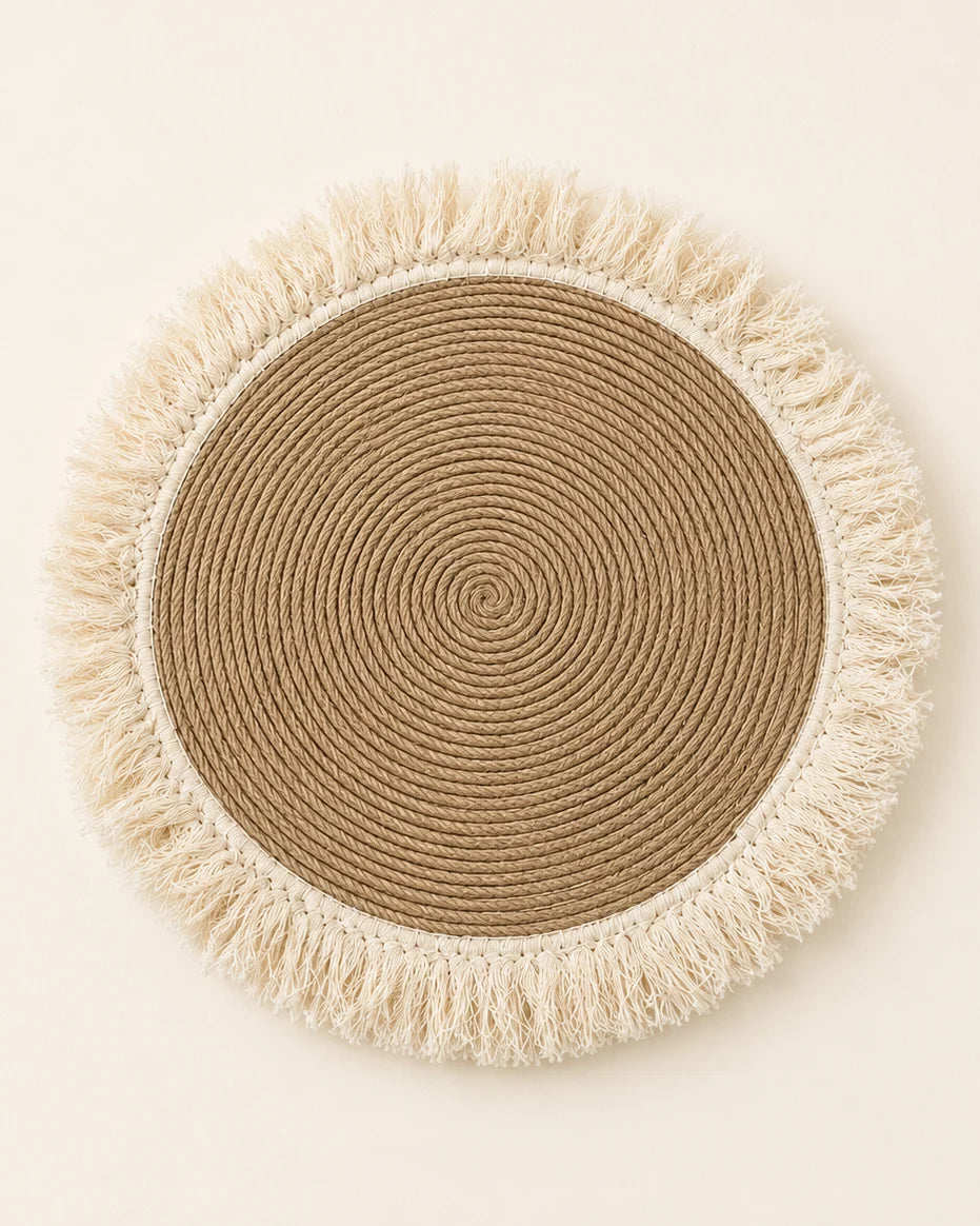 Handmade jute wall decor with off white cotton fringe
