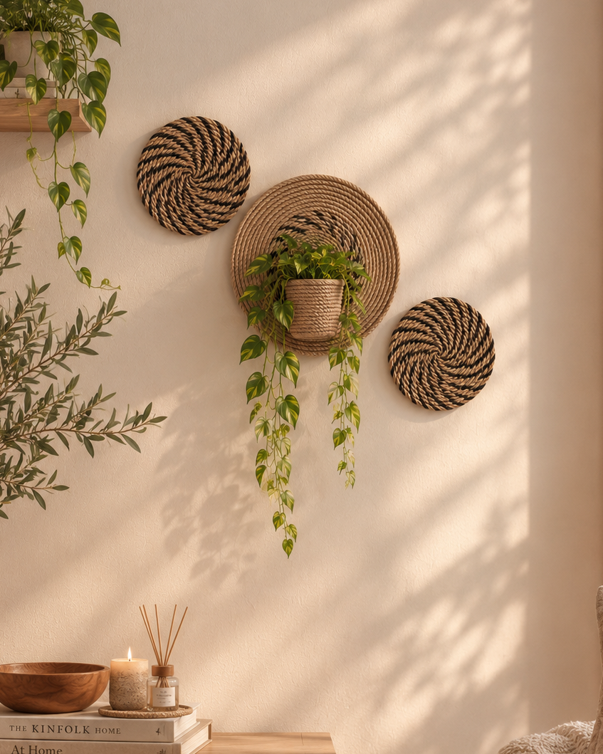 Natural jute and black wall decor set styled separately with plant holder and trailing plant
