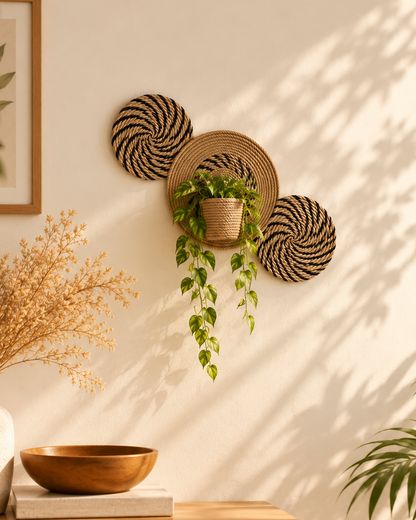 Natural jute and black wall decor set with plant holder and trailing plant