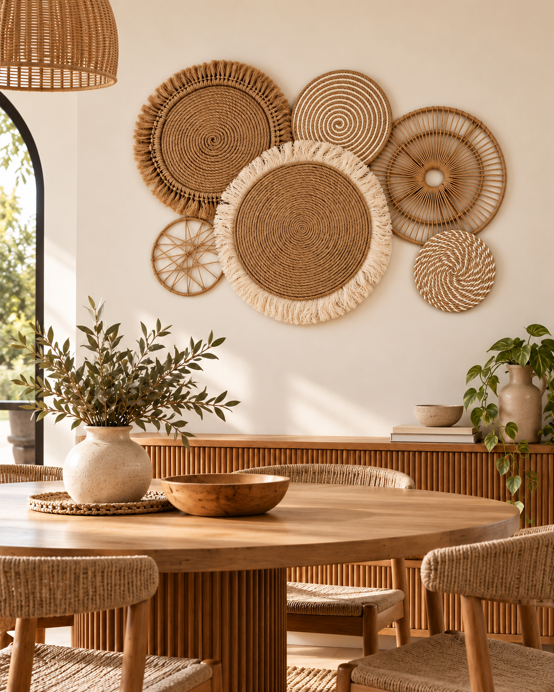 Handmade jute wall decor set of 6 styled in a dining room
