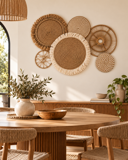 Handmade jute wall decor set of 6 styled in a dining room