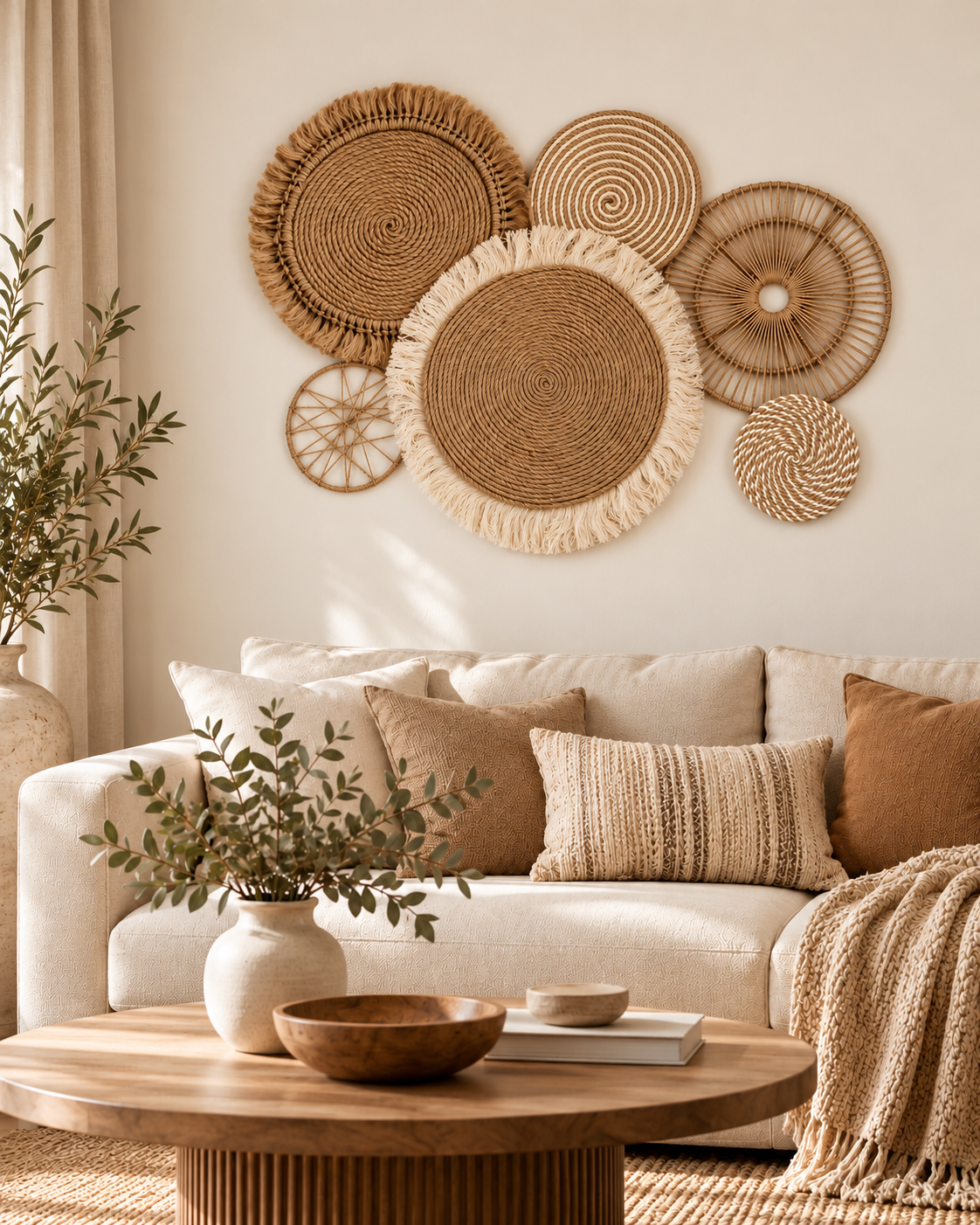 Handmade jute wall decor set of 6 above a neutral living room sofa
