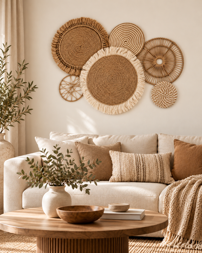 Handmade jute wall decor set of 6 above a neutral living room sofa