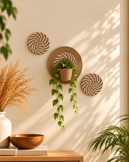 Natural jute and off-white wall decor set styled separately with plant holder and trailing plant