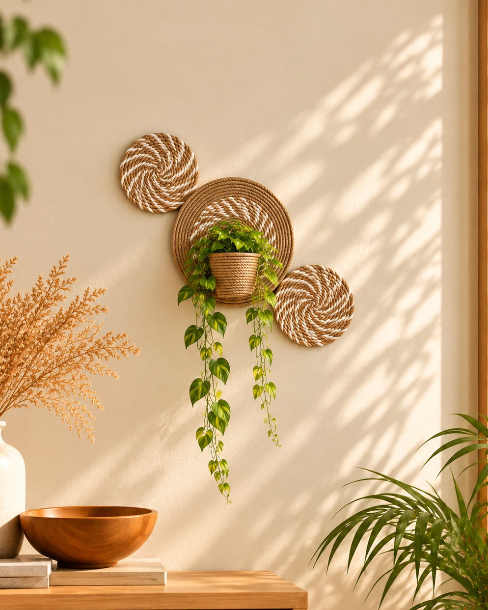 Natural jute and off-white wall decor set with plant holder and trailing plant