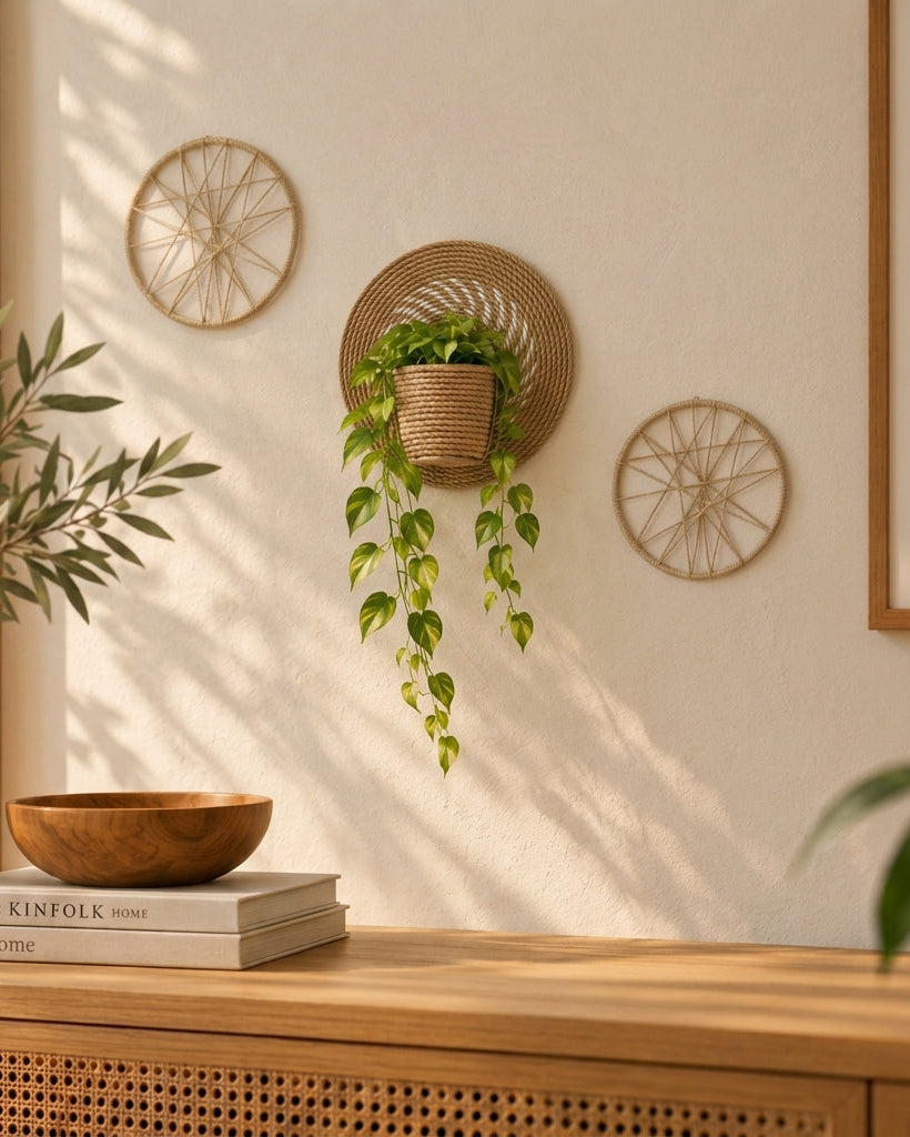 Handmade jute wall decor set with plant holder and two open cord wall hangings