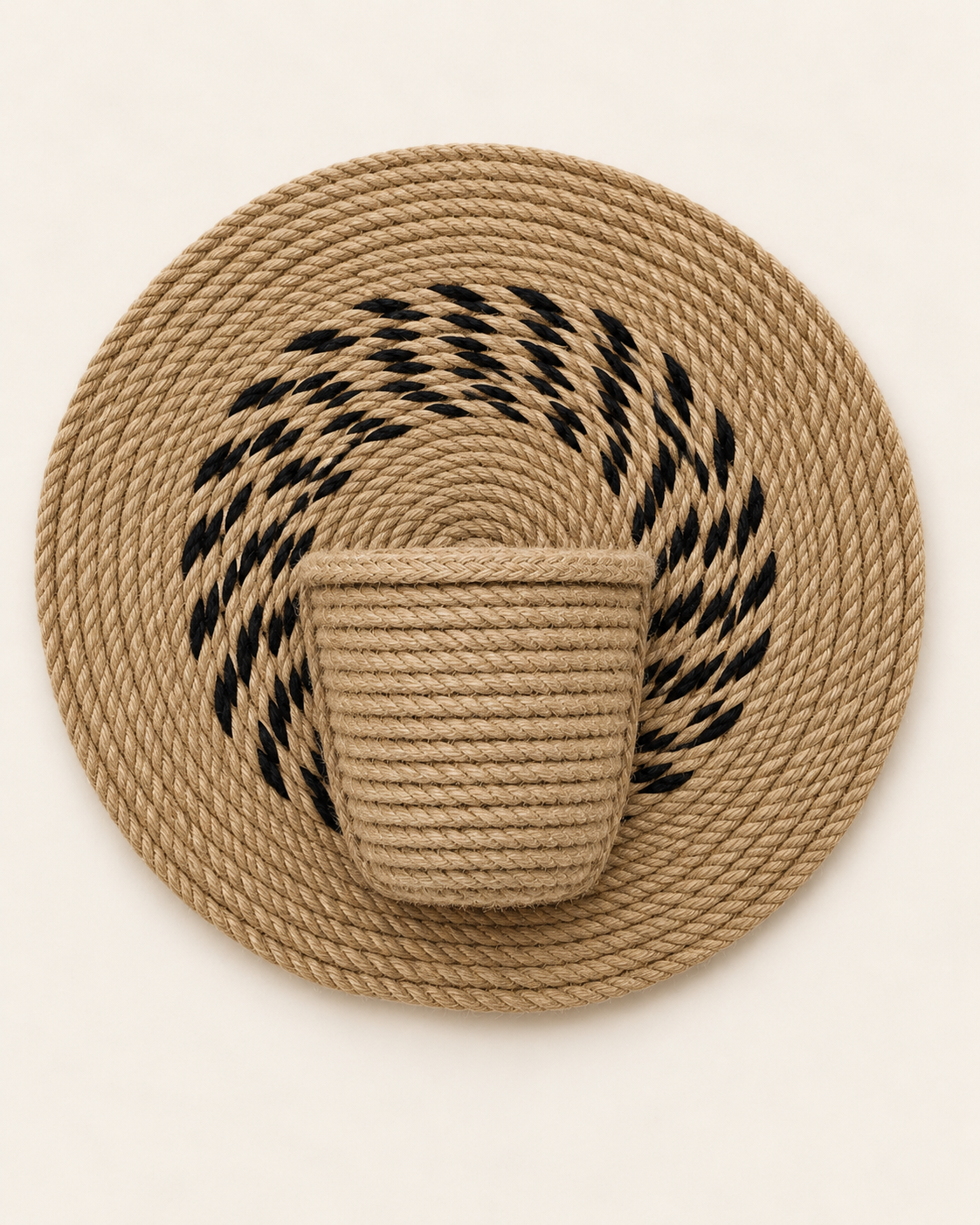 Handmade natural jute wall plant holder with black spiral detail
