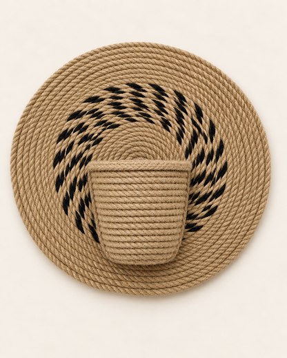 Handmade natural jute wall plant holder with black spiral detail