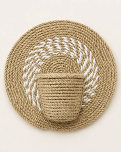 Handmade natural jute wall plant holder with off-white spiral detail
