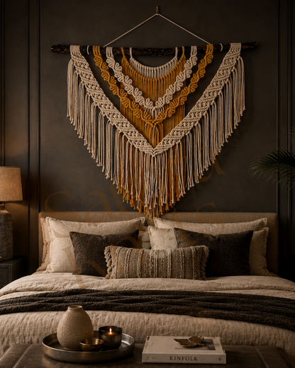 Large off-white and mustard macrame wall hanging styled above a bed in a dark modern bedroom.