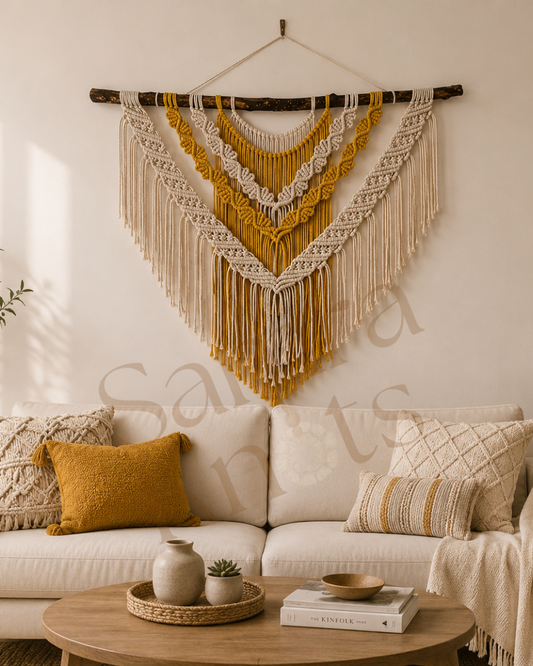 Handmade layered macrame wall hanging displayed above a sofa in a bright boho living room with neutral décor.