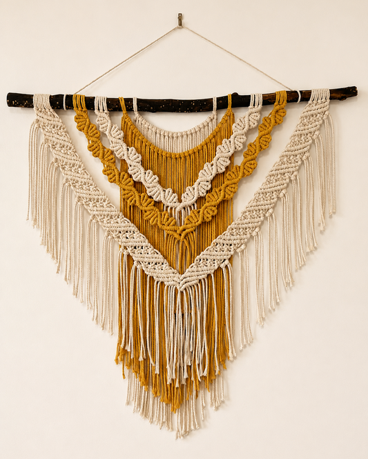 Large handmade layered macrame wall hanging on natural driftwood in off-white and mustard cotton cord for boho home decor.