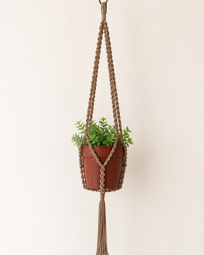 Light brown handmade macrame plant hanger featuring half hitch knots and a tassel, 90 cm long, displayed with a small indoor plant.